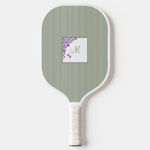 Cottage Sage Stripe Purple Floral Script Monogram Pickleball Paddle