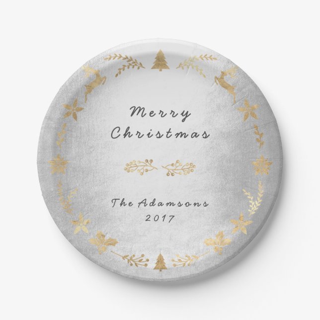 Cottage Silver Grey Gold Christmas Paper Plate (Front)