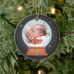 Cottage Snowman Snow Globe Babys 1st Christmas Ceramic Tree Decoration<br><div class="desc">An ornament with a cute snow globe that has a cottage house with chimney and red roof covered by the falling snow. On the front of the house is a snowman and letter post box. Personalise with your little one's photo and name for a special baby's first Christmas keepsake ornament....</div>