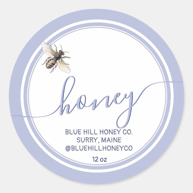 Cottage Style Blue Flowers Honey Label with Bee  (Front)
