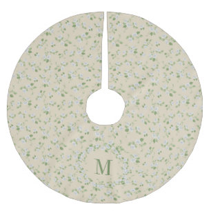 Cottage Style Floral White Daisies Cream Monogram Brushed Polyester Tree Skirt