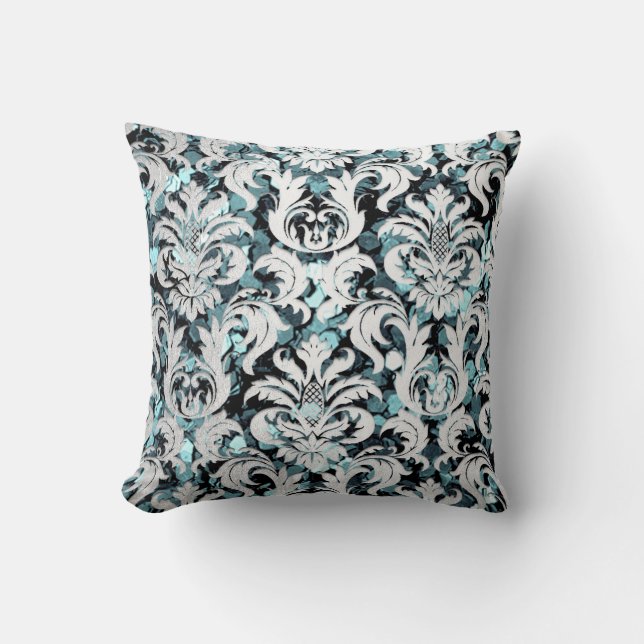 Cottage Teal Aquatic Silver Damask Grey GSequin Cushion (Front)