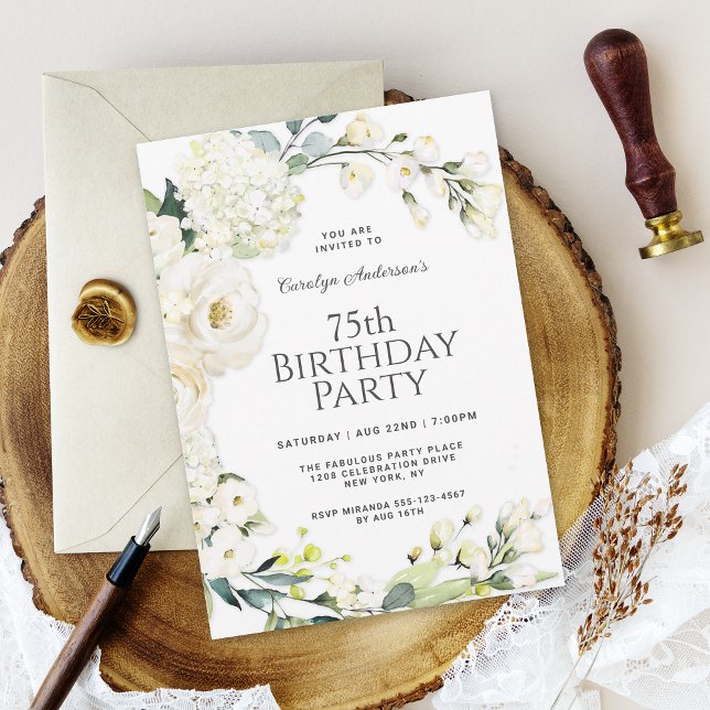 Cottage White Floral 75th Birthday Party Invitation (Creator Uploaded)
