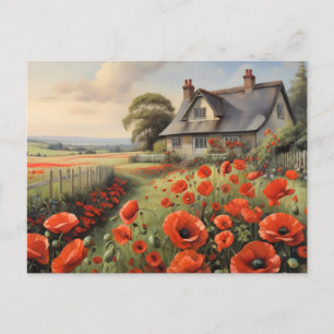 Cottage with picket fence and red poppie meadow postcard