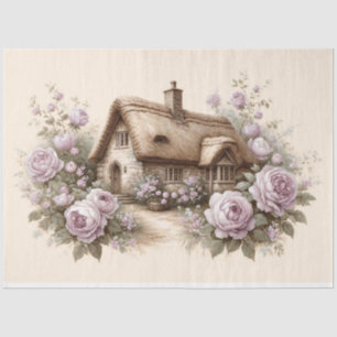 Cottage with Purple Roses Watercolor Decoupage Tissue Paper
