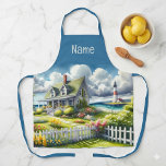 Cottage With View Of The Lighthouse Apron<br><div class="desc">A dreamy coastal cottagecore landscape filled with soft watercolor charm and breezy seaside tranquility. A welcoming seaside cottage sits among lush garden paths, blooming flowers, and a bright white picket fence, creating a warm storybook atmosphere. In the distance, a tall lighthouse rises beside sparkling blue ocean waves, adding a classic...</div>