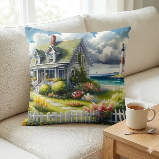 Cottage With View Of The Lighthouse Cushion (Cottage With View Of The Lighthouse Throw Pillow Mockup A)
