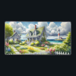Cottage With View Of The Lighthouse Desk Mat<br><div class="desc">A dreamy coastal cottagecore landscape filled with soft watercolor charm and breezy seaside tranquility. A welcoming seaside cottage sits among lush garden paths, blooming flowers, and a bright white picket fence, creating a warm storybook atmosphere. In the distance, a tall lighthouse rises beside sparkling blue ocean waves, adding a classic...</div>