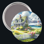 Cottage With View Of The Lighthouse Magnet<br><div class="desc">A dreamy coastal cottagecore landscape filled with soft watercolor charm and breezy seaside tranquility. A welcoming seaside cottage sits among lush garden paths, blooming flowers, and a bright white picket fence, creating a warm storybook atmosphere. In the distance, a tall lighthouse rises beside sparkling blue ocean waves, adding a classic...</div>