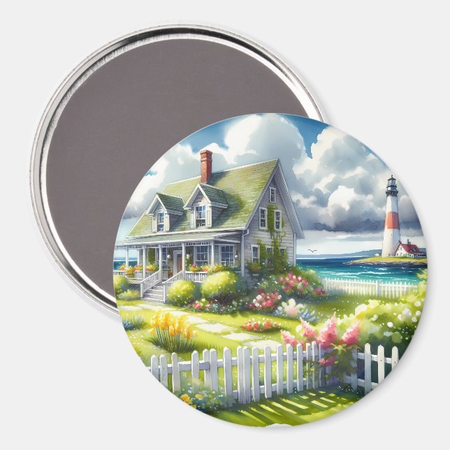 Cottage With View Of The Lighthouse Magnet (Front/Back)