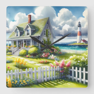 Cottage With View Of The Lighthouse Square Wall Clock