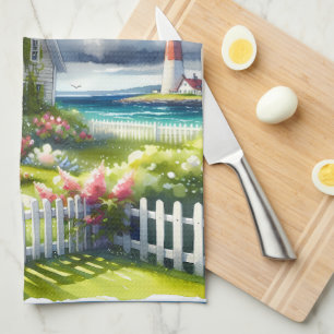 Cottage With View Of The Lighthouse Tea Towel