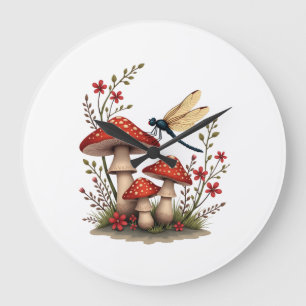 Cottagecore Aesthetic Dragonfly Mushroom Witchy Fl Large Clock