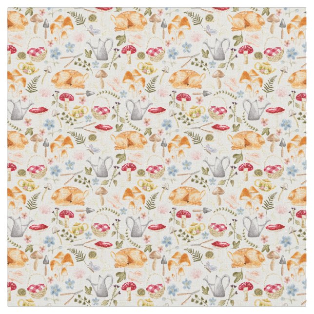 Cottagecore Aesthetic Fabric with mushrooms  (Close Up)