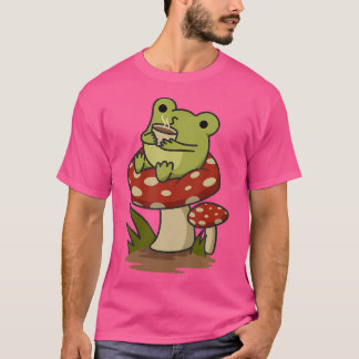 Cottagecore Aesthetic Frog Drinking Coffee Tea In  T-Shirt