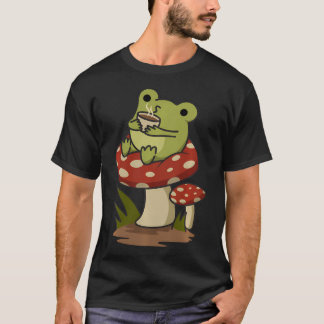 Cottagecore Aesthetic Frog Drinking Coffee Tea In T-Shirt
