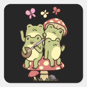 Cottagecore Aesthetic Frog with banjo Mushroom Square Sticker
