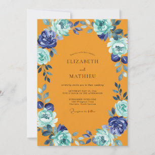Cottagecore Amber Indigo Peony Wedding Invitation