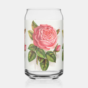 Cottagecore Antique Pink Rose Floral Illustration Can Glass