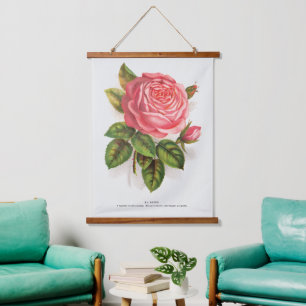 Cottagecore Antique Pink Rose Floral Illustration Hanging Tapestry