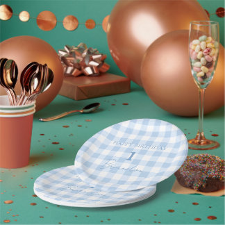 Cottagecore Baby Blue Plaid Birthday Paper Plate
