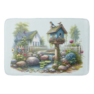 Cottagecore Birdhouse Garden Watercolor Bath Mat