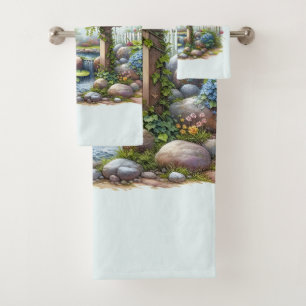 Cottagecore Birdhouse Garden Watercolor Bath Towel Set