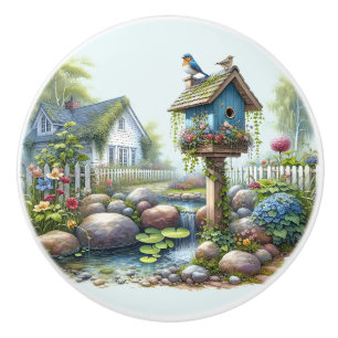 Cottagecore Birdhouse Garden Watercolor Ceramic Knob