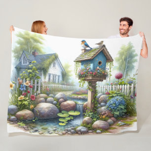 Cottagecore Birdhouse Garden Watercolor Fleece Blanket