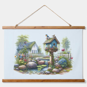 Cottagecore Birdhouse Garden Watercolor Hanging Tapestry