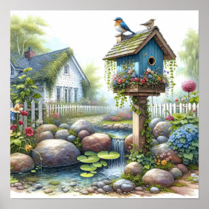 Cottagecore Birdhouse Garden Watercolor Poster