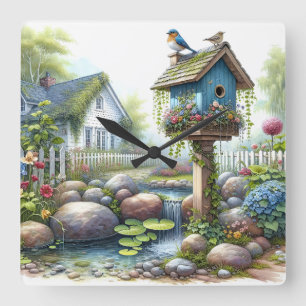 Cottagecore Birdhouse Garden Watercolor Square Wall Clock