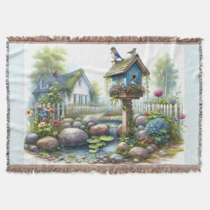 Cottagecore Birdhouse Garden Watercolor Throw Blanket