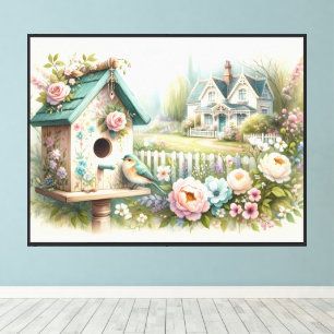 Cottagecore Birdhouse with Floral Garden Canvas Print