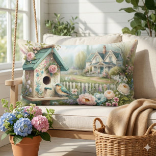 Cottagecore Birdhouse with Floral Garden Lumbar Cushion