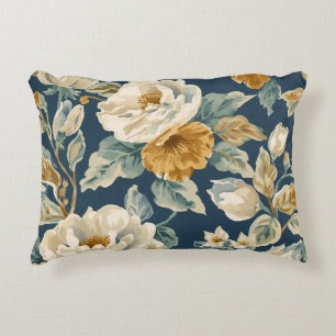 Cottagecore Blue Mustard Yellow Cream Floral Print Decorative Cushion