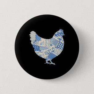 Cottagecore Blue Toile Patchwork Chicken Hen Chino 6 Cm Round Badge