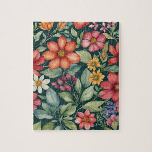Cottagecore Botanical Watercolor Floral Pattern Jigsaw Puzzle