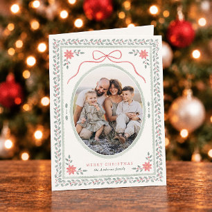 Cottagecore Bow Watercolor Holly Christmas Photo Holiday Card