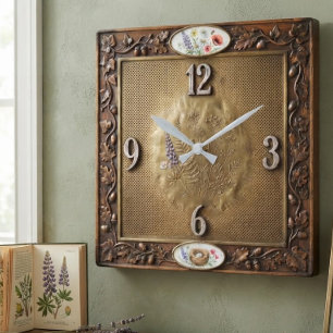 Cottagecore Brass & Wood  Rustic Farmhouse  Square Wall Clock