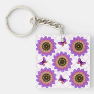 Cottagecore Butterfly & Flower Grid Pattern Key Ring