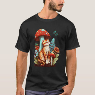 Cottagecore cat mushroom and colourful flowers cut T-Shirt