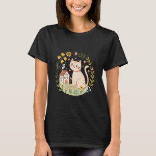 Cottagecore Cat with Wildflowers and Cosy Cabin T-Shirt