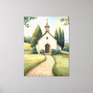 Cottagecore Chapel Path Pastel Landscape Canvas Print