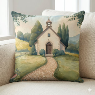Cottagecore Chapel Path Pastel Landscape Cushion