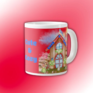 Cottagecore Cosy & Cute colourful on red   Large Coffee Mug