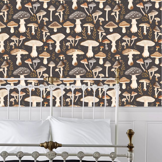 Cottagecore Dark Mushroom Wallpaper (Cottagecore Dark Mushroom Wallpaper behind a white metal framed bed.)