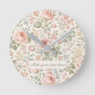 Cottagecore Dusty Rose Sage Green Floral Garden Round Clock