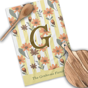 Cottagecore Fall Floral Stripes Custom Monogram Tea Towel