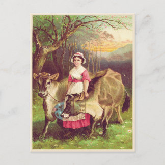 Cottagecore Farmer Woman with Cows Watercolor Postcard